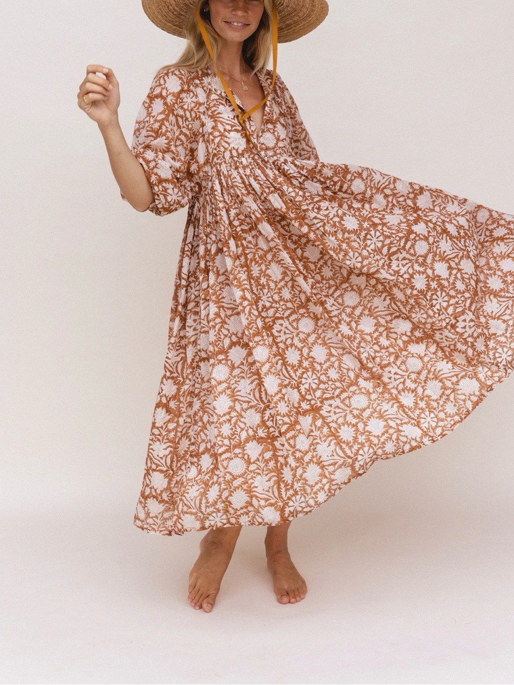Daughters of India Kyra Maxi Dress with White Floral Print on Caramel, sz 3XL